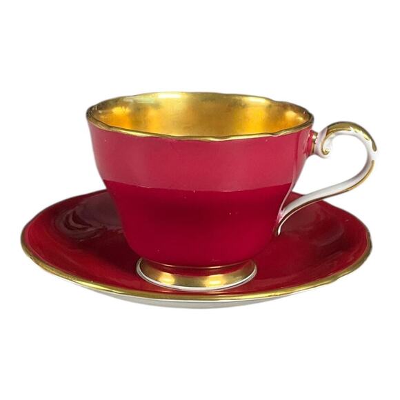 Vintage AYNSLEY Bone China England Rare Find Deep Red & Gold Tea Cup & Saucer - Picture 1 of 9